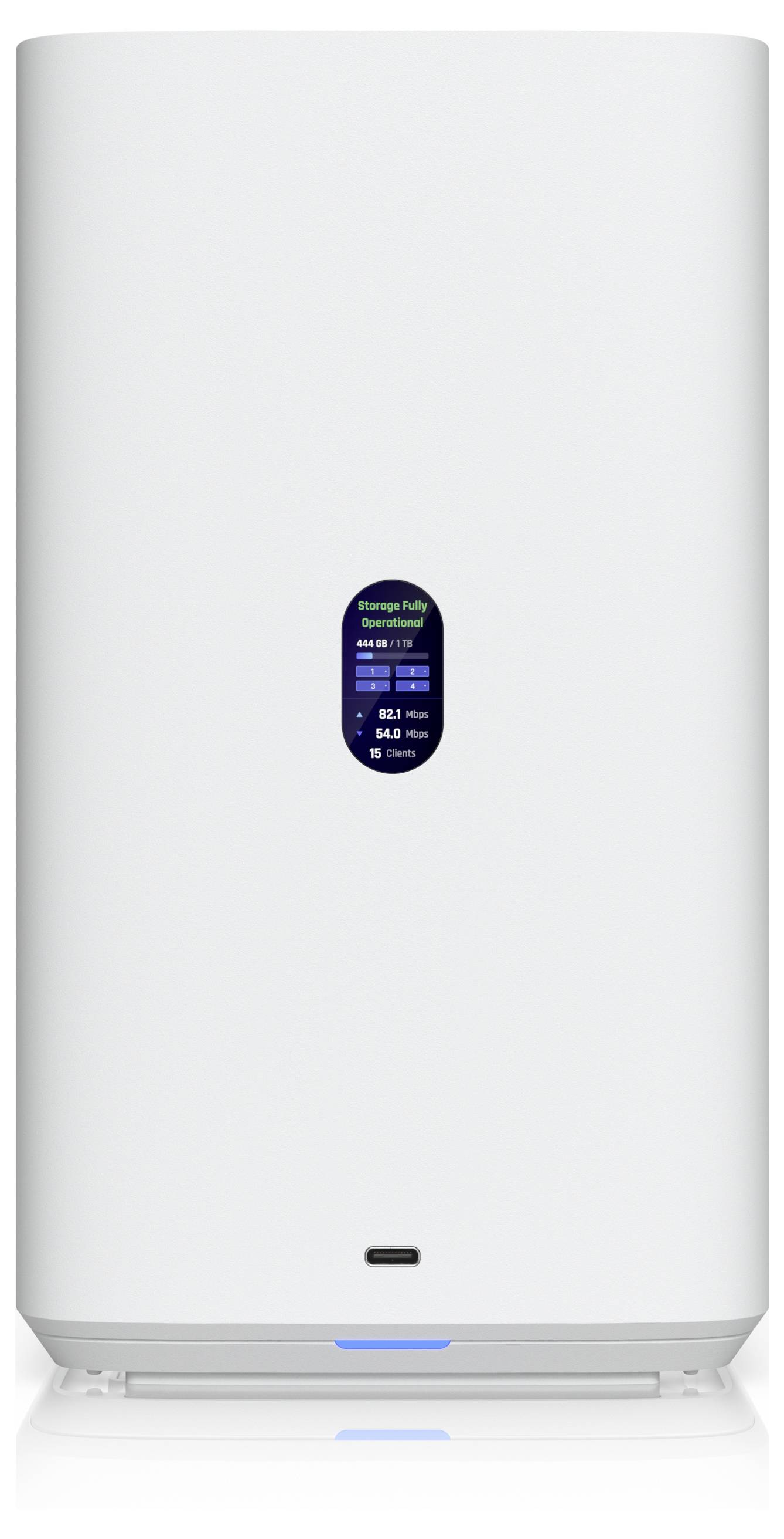Un chauffe-eau blanc et élégant avec un écran numérique affichant la température et les détails d'efficacité énergétique.