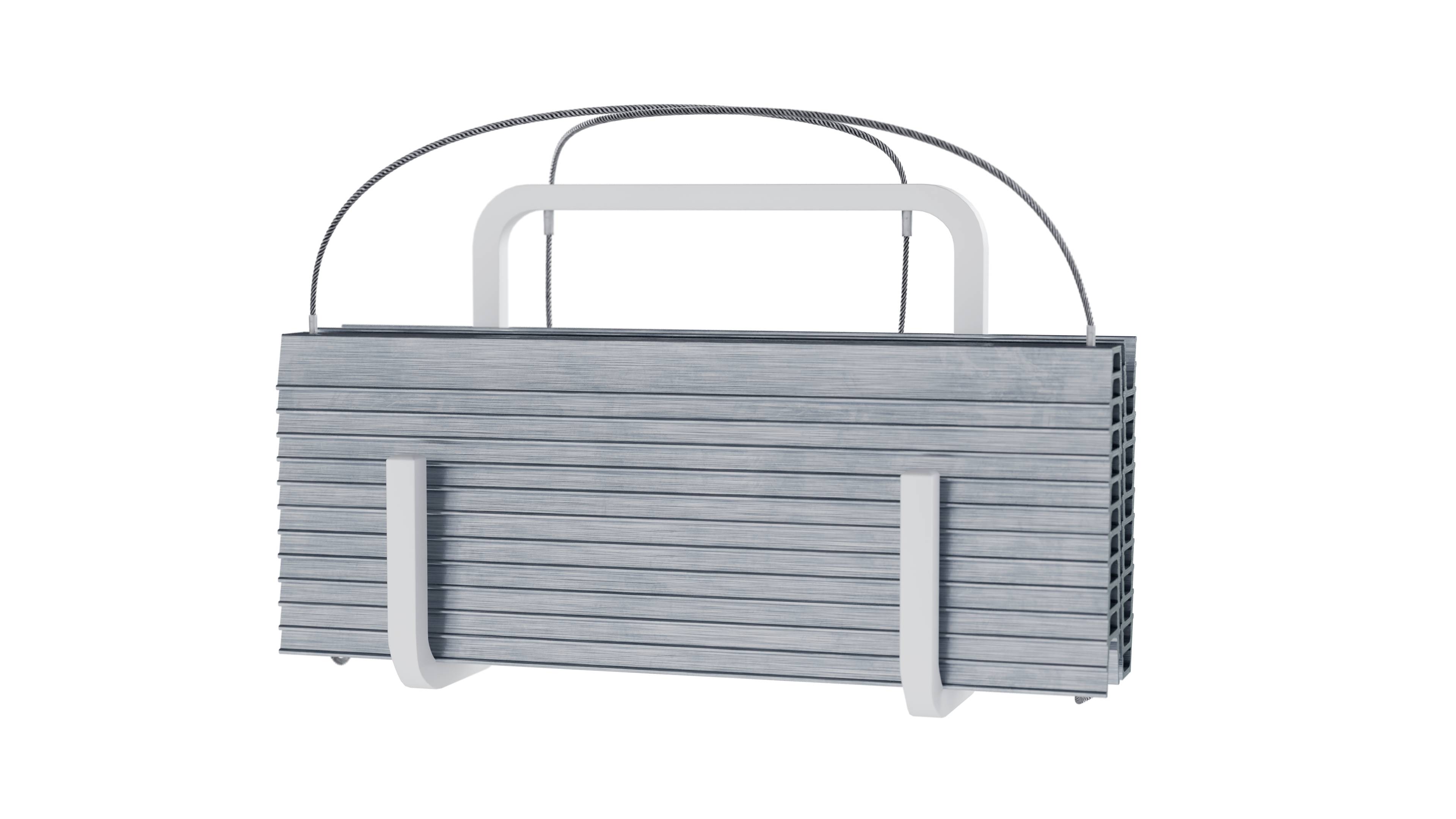 Un radiateur mural rectangulaire gris moderne avec des lames horizontales et un design minimaliste.