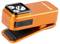 Lampe de poche à clip orange avec trois ampoules LED, port de charge USB et grip texturé, conçue pour l'éclairage sans les mains.