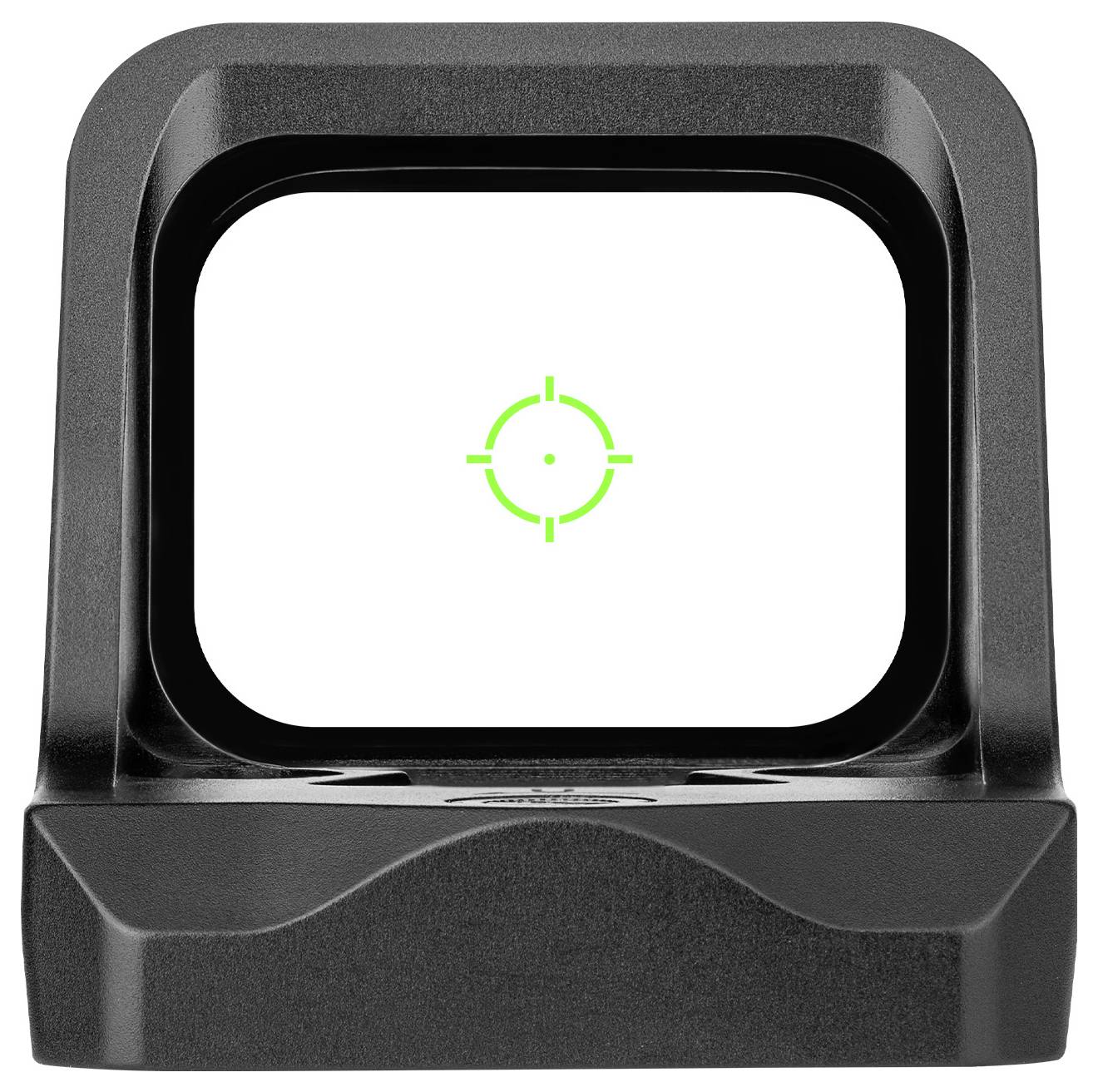 Une lunette de visée noire avec un réticule illuminé vert au centre d'une lentille transparente, utilisée pour viser dans les armes à feu.