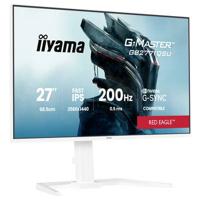 Moniteur affichant une image d'un casque futuriste. Le texte indique : « iiyama G-Master, 27" (68,5 cm), Fast IPS, 2560x1440, 200Hz, Compatible NVIDIA G-Sync, Red Eagle ».