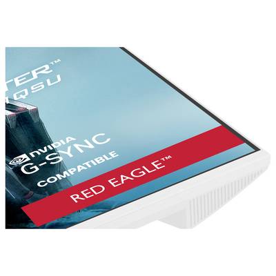 Un coin de moniteur affichant le texte « ACER QSU » et « NVIDIA G-SYNC Compatible ». Une étiquette rouge affiche « Red Eagle ». Arrière-plan monochrome.