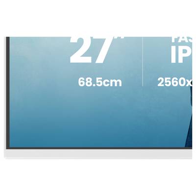 Un coin d'un écran affichant du texte : « 27" », « 68,5cm », et « 2560x ». L'arrière-plan est un dégradé du bleu clair au bleu foncé.