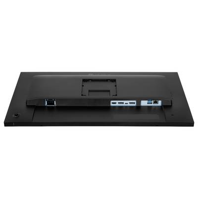 L'image montre l'arrière d'un écran d'ordinateur noir avec différents ports d'entrée, notamment USB et HDMI, entourés d'une zone de montage.