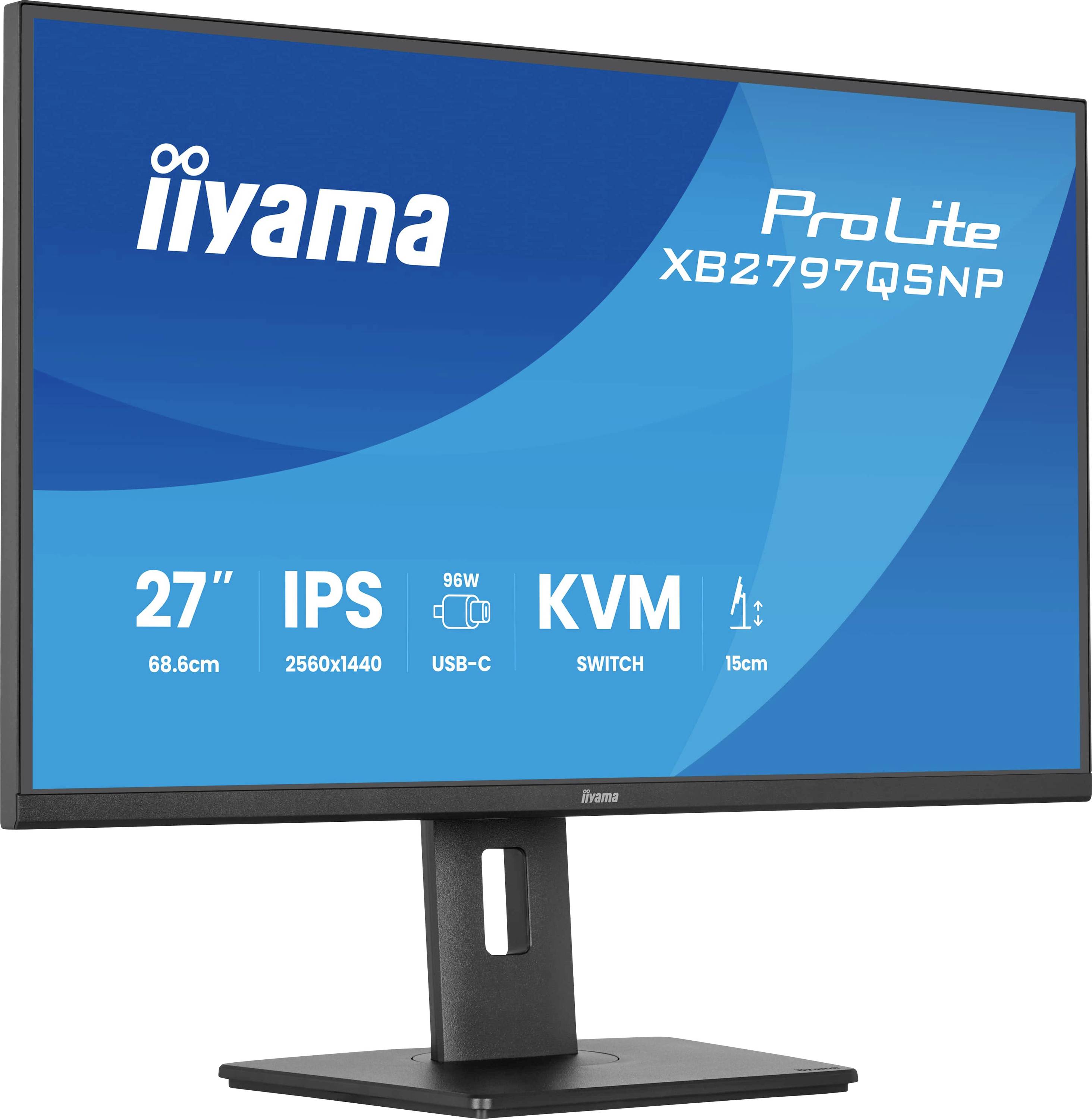 Moniteur iiyama ProLite XB2797QSNP 27 pouces IPS avec résolution 2560x1440, USB-C 96W, commutateur KVM et ajustement en hauteur