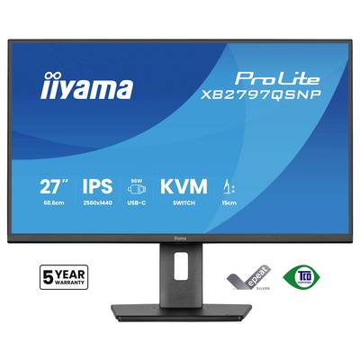 L'image montre un moniteur iiyama ProLite de 27 pouces avec les caractéristiques suivantes : IPS, résolution 2560x1440, USB-C, commutateur KVM, socle ajustable de 15 cm. Garantie de cinq ans.