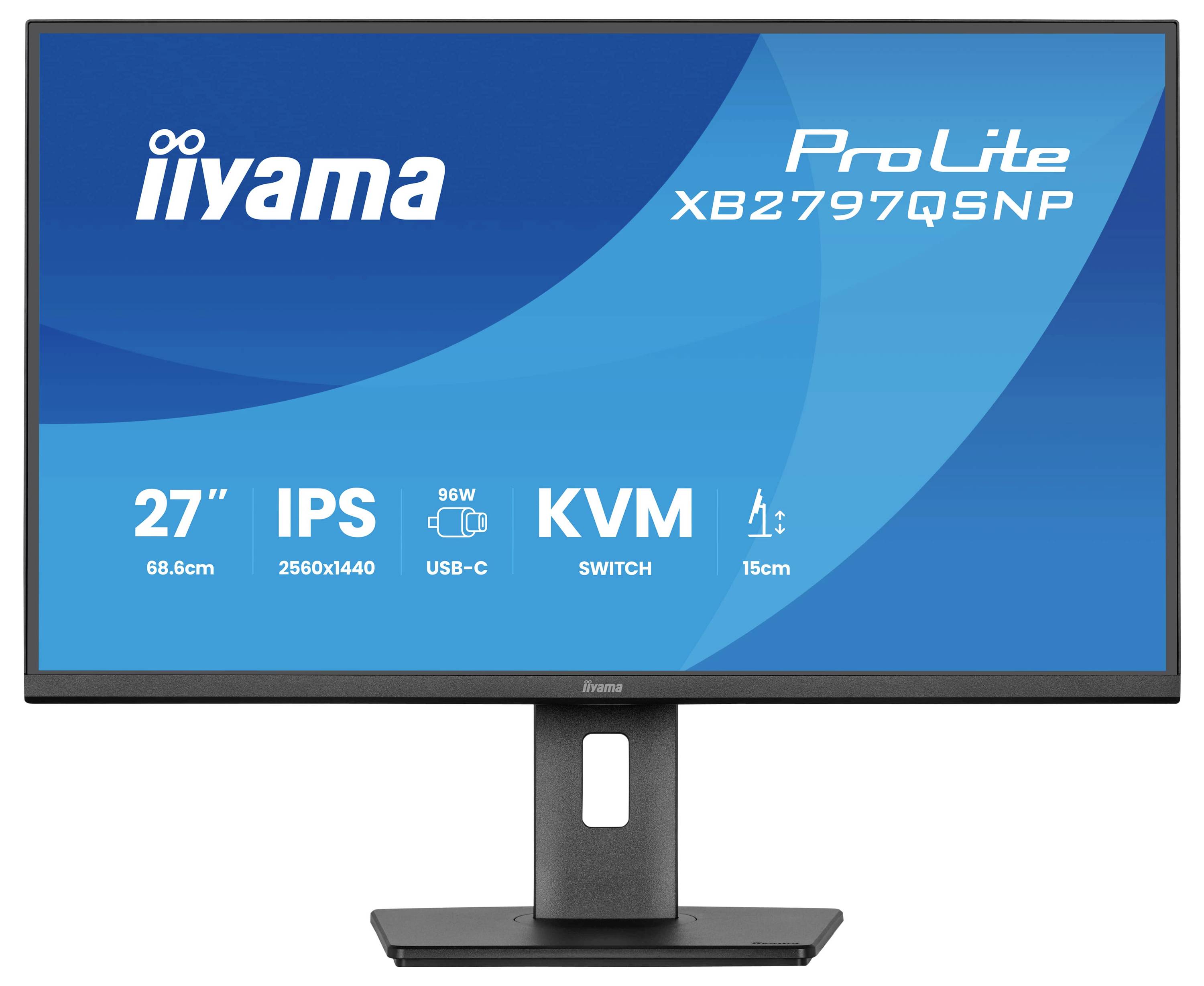 Moniteur avec logo de marque et modèle « ProLite XB2797QSNP », dotée d'un écran de 27 pouces, affichage IPS, résolution 2560x1440, port USB-C, commutateur KVM.