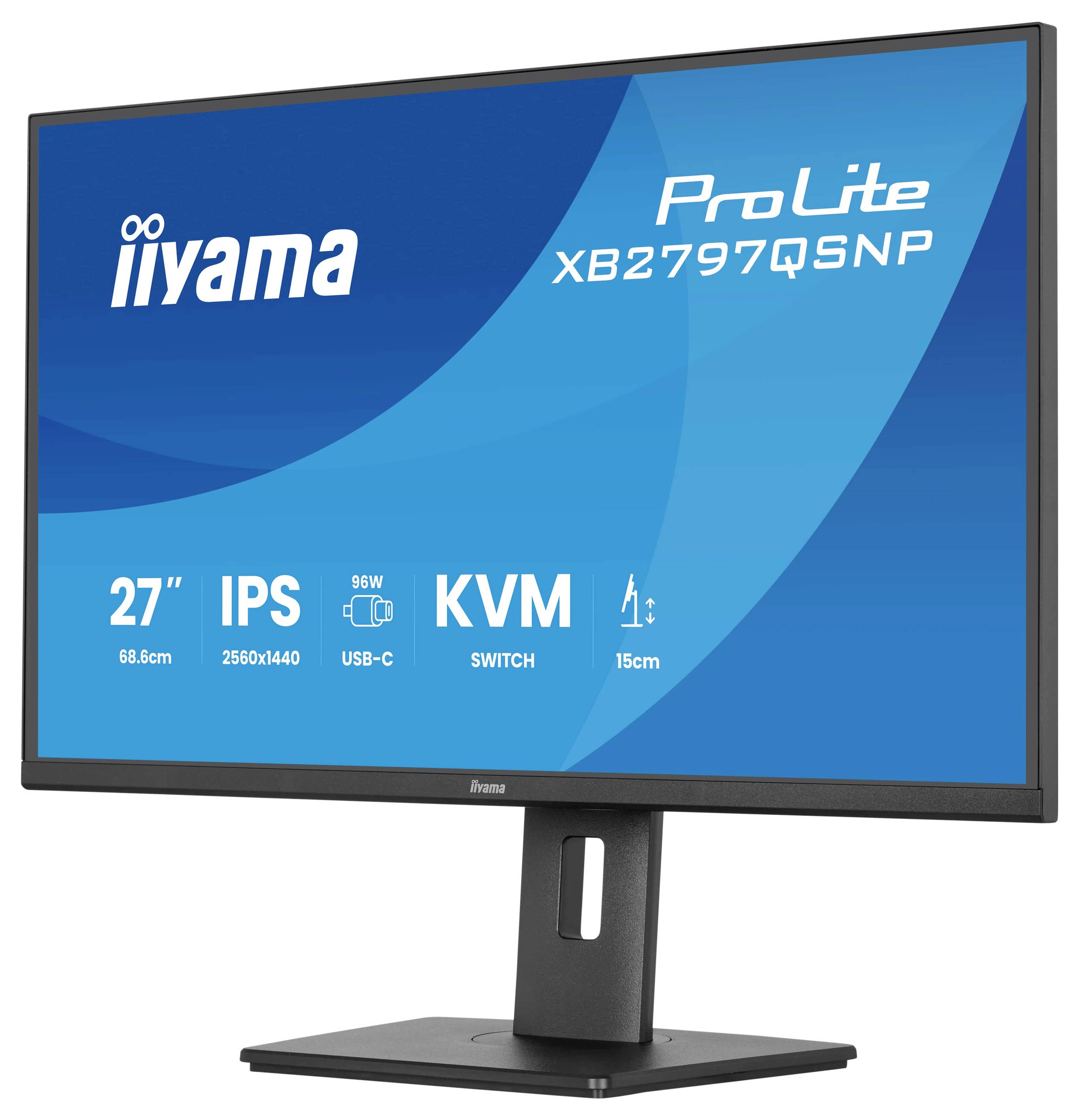 Un moniteur d'ordinateur affichant « iiyama ProLite XB2797QSNP » avec des fonctionnalités incluant un écran 27", IPS, résolution 2560x1440, USB-C, KVM.