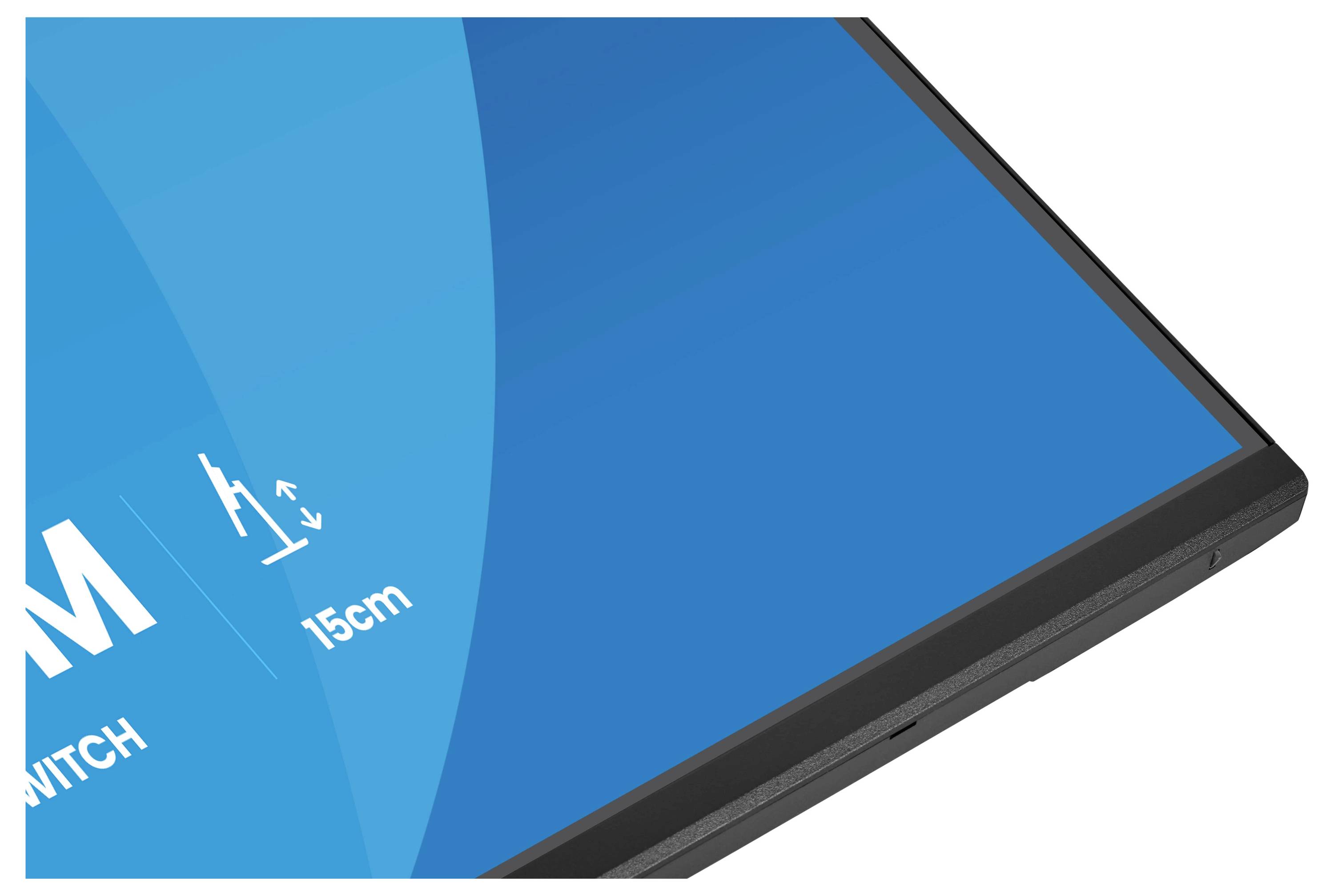 Un écran bleu affichant une étiquette de mesure « 15 cm » avec une icône indiquant un mouvement vers le haut et vers le bas.