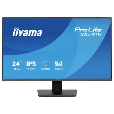 Affichage moniteur montrant la marque et le modèle « iiyama ProLite X2491H ». Caractéristiques mises en évidence : « Écran 24 pouces, IPS, 1920x1080, bordure fine, réducteur de lumière bleue ».