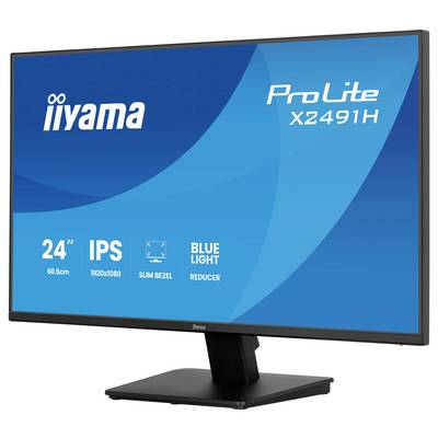Moniteur informatique affichant « iiyama ProLite X2491H » avec les caractéristiques suivantes : taille de 24 pouces, technologie IPS, résolution 1920x1080, cadre fin et réducteur de lumière bleue.