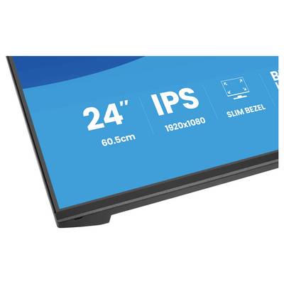 Gros plan d'un moniteur affichant les spécifications : « 24" (60,5 cm) », « IPS », « 1920 x 1080 » et « Bordure Slim » sur un fond bleu.
