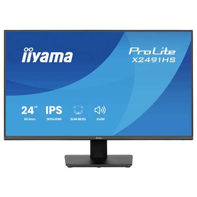 Un large écran informatique avec un fin cadre affiche les spécifications : « 24" IPS », « 1920x1080 » et « Cadre fin ». La marque est « iiyama ProLite X2491HS ».