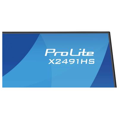 Détail de l'emballage du moniteur « Iiyama ProLite X2491HS », présentant le nom du modèle de produit et le logo sur un fond bleu abstrait.