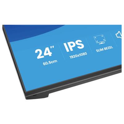 Un écran de surveillance affichant les spécifications : 24 pouces, technologie IPS, résolution 1920x1080, design à bordures fines.