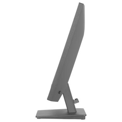 Un moniteur informatique gris et fin vu de côté, affichant un design moderne et minimaliste avec une base rectangulaire.