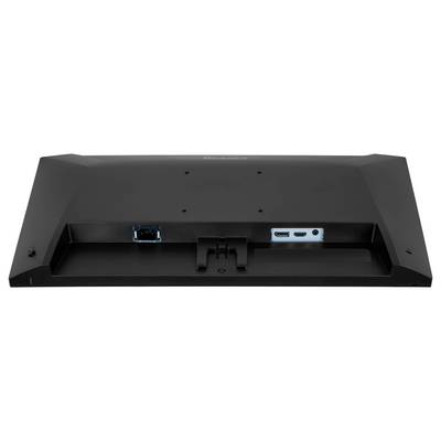 Vue arrière d'un moniteur affichant les ports incluant USB, HDMI et entrée audio. Le support de montage est visible au centre.