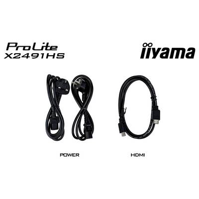 Les logos « ProLite X2491HS » et « iiyama » avec des images de câbles étiquetés « POWER » montrant deux cordons d'alimentation avec des fiches différentes, et « HDMI » montrant un câble HDMI.