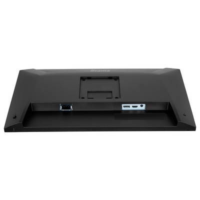 Un panneau arrière de moniteur noir avec support de montage, un port VGA bleu, un port HDMI et un port d'alimentation blanc.