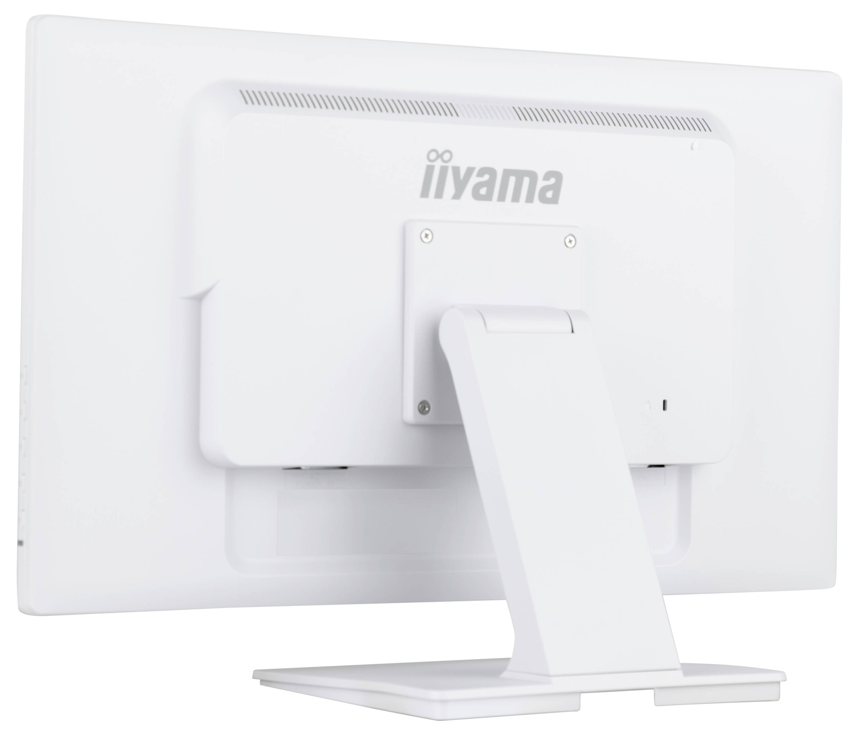 Un moniteur d'ordinateur blanc vu de l'arrière, mettant en évidence le pied et le logo de marque en haut.