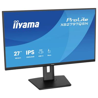 Moniteur d'ordinateur affichant le texte « iiyama ProLite XB2797QSN », avec des caractéristiques incluant « 27" IPS », « 2560x1440 », « USB-C ».