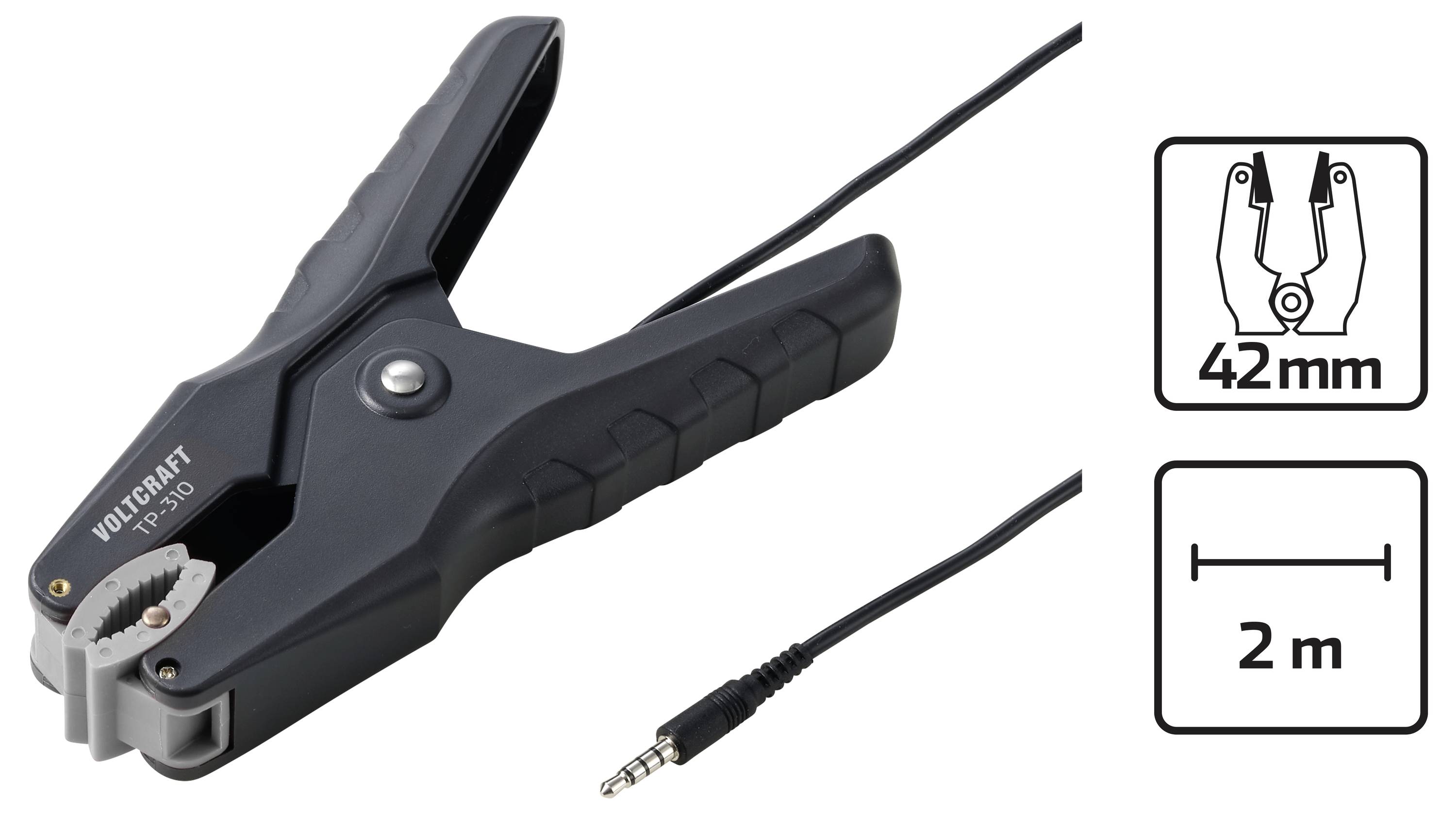 Dénudeur de fil noir Voltcraft TPS-3 avec ouverture de 42 mm et câble/prise de 2 m, présenté avec des icônes de taille
