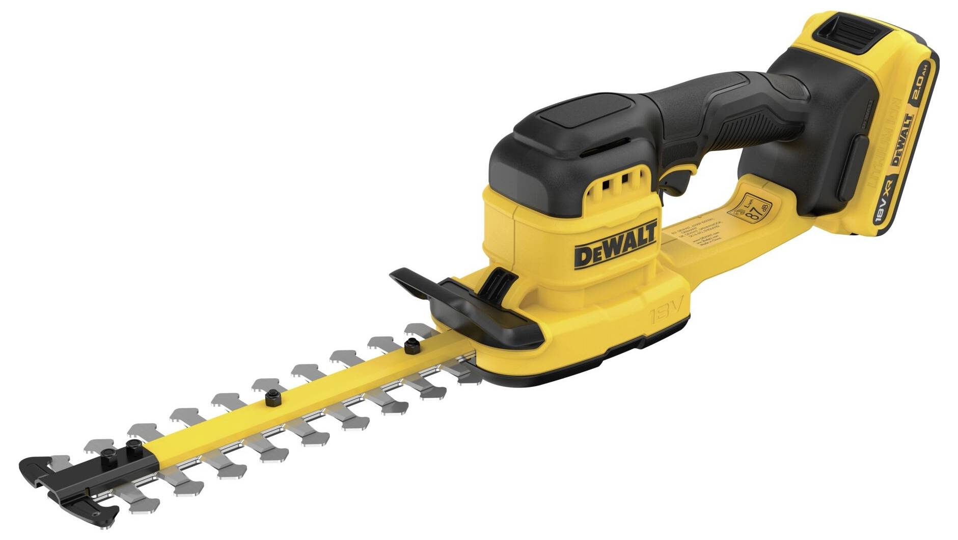 Un taille-haie sans fil DeWalt jaune et noir avec lames à double action, conçu pour une coupe de précision et une facilité d'utilisation.