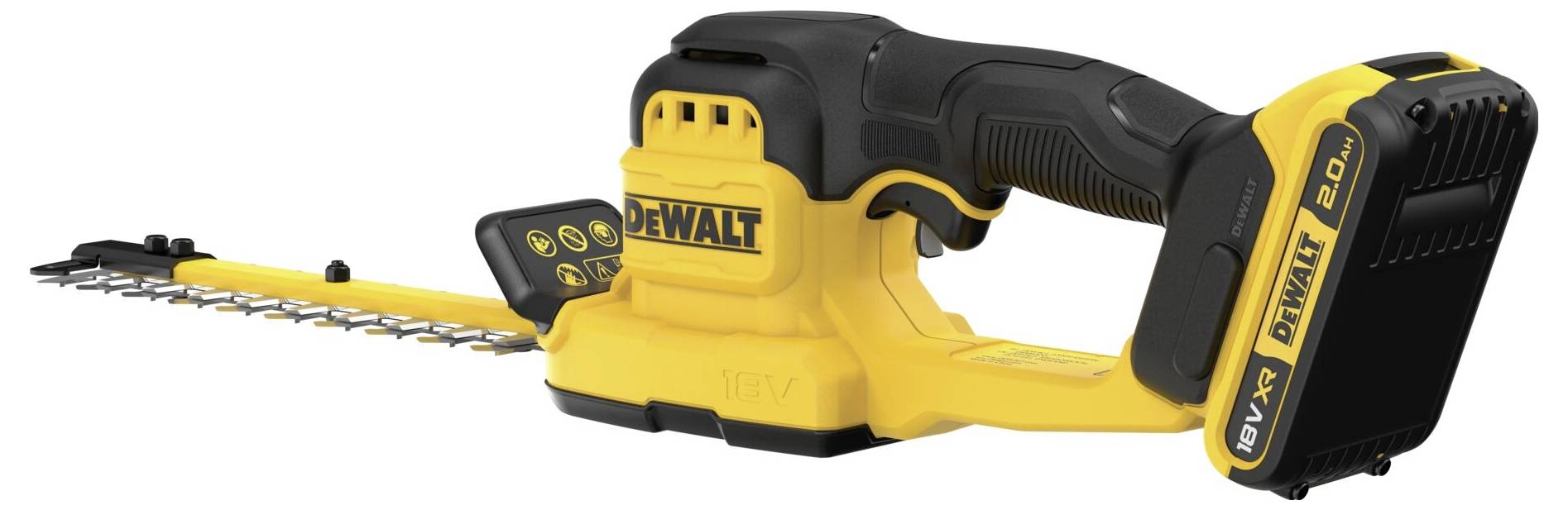Un taille-haies sans fil jaune et noir avec un bloc-batterie intégré, de marque « DEWALT », conçu pour les travaux de jardinage extérieurs.