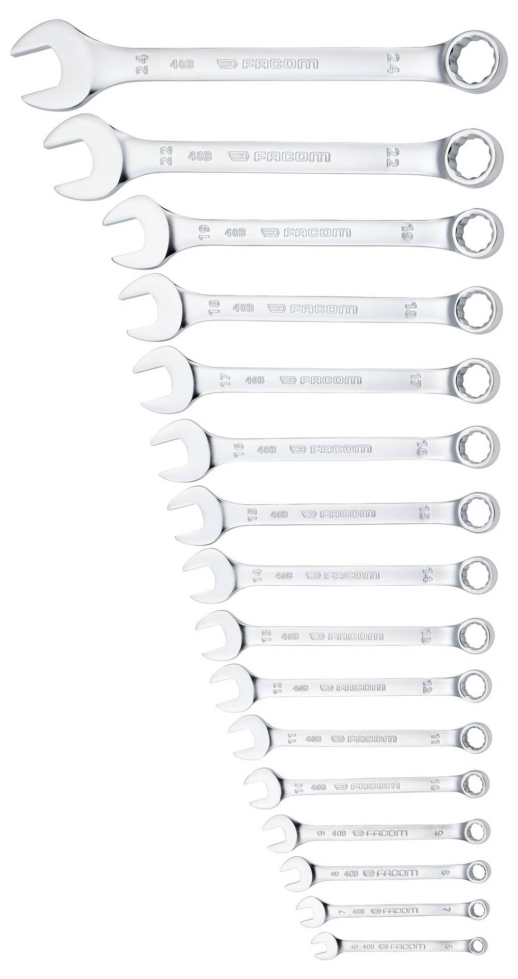 Un ensemble de 16 clés anglaises en métal disposées en ligne diagonale, augmentant de taille de haut en bas, utilisées pour serrer ou desserrer les boulons.