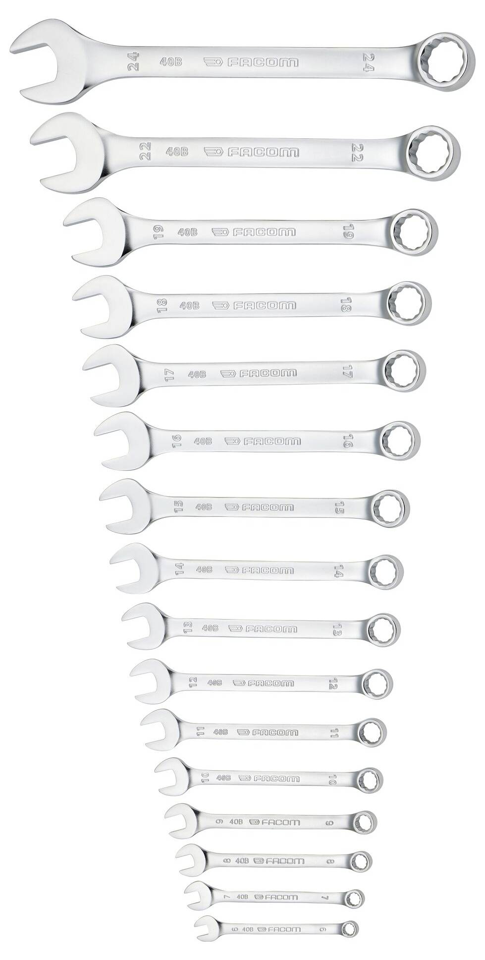 Un ensemble de 14 clés mixtes, allant de la plus grande à la plus petite, alignées verticalement. Chaque clé dispose d'une extrémité ouverte et d'une extrémité fermée.