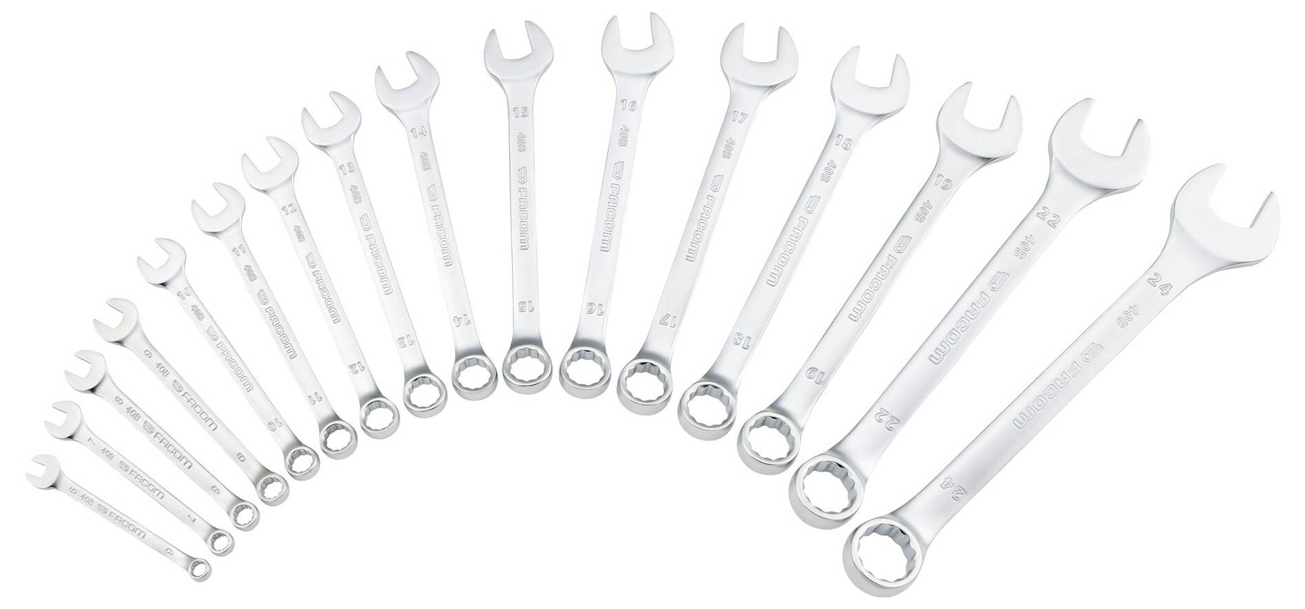 « Un ensemble de 14 clés à fourche ouvertes allant du petit au grand, disposées en rangée, mettant en évidence une augmentation progressive de la taille. »