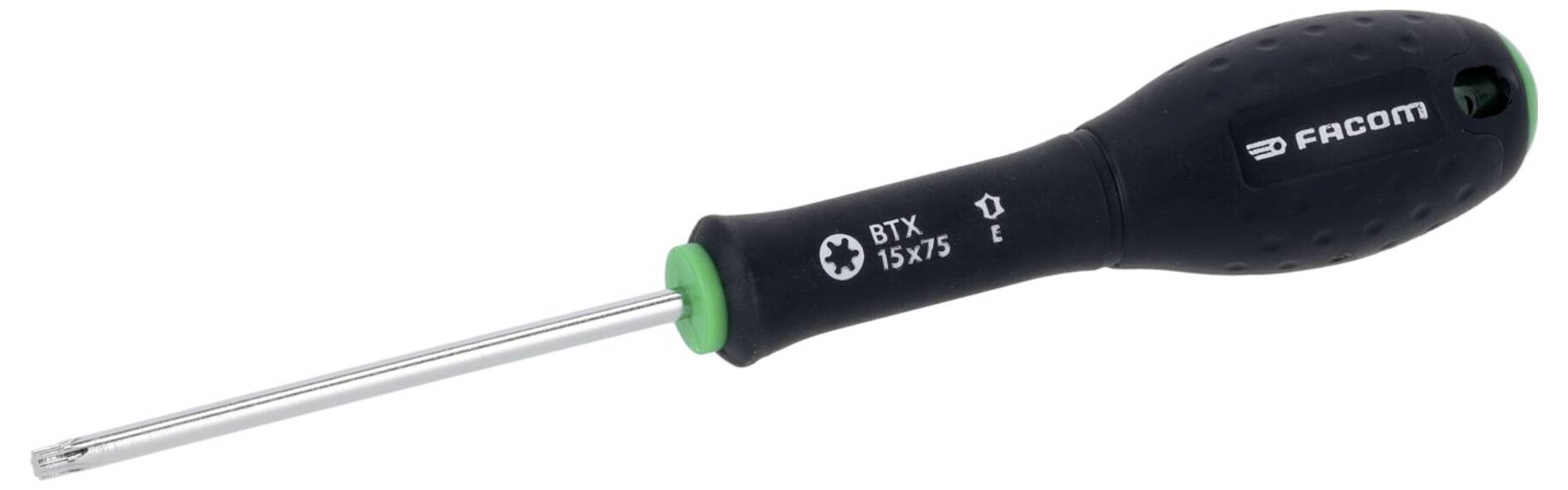 Un tournevis à manche noir avec une tête Torx et des marquages visibles, étiqueté 'Facom BTX 15x125'.