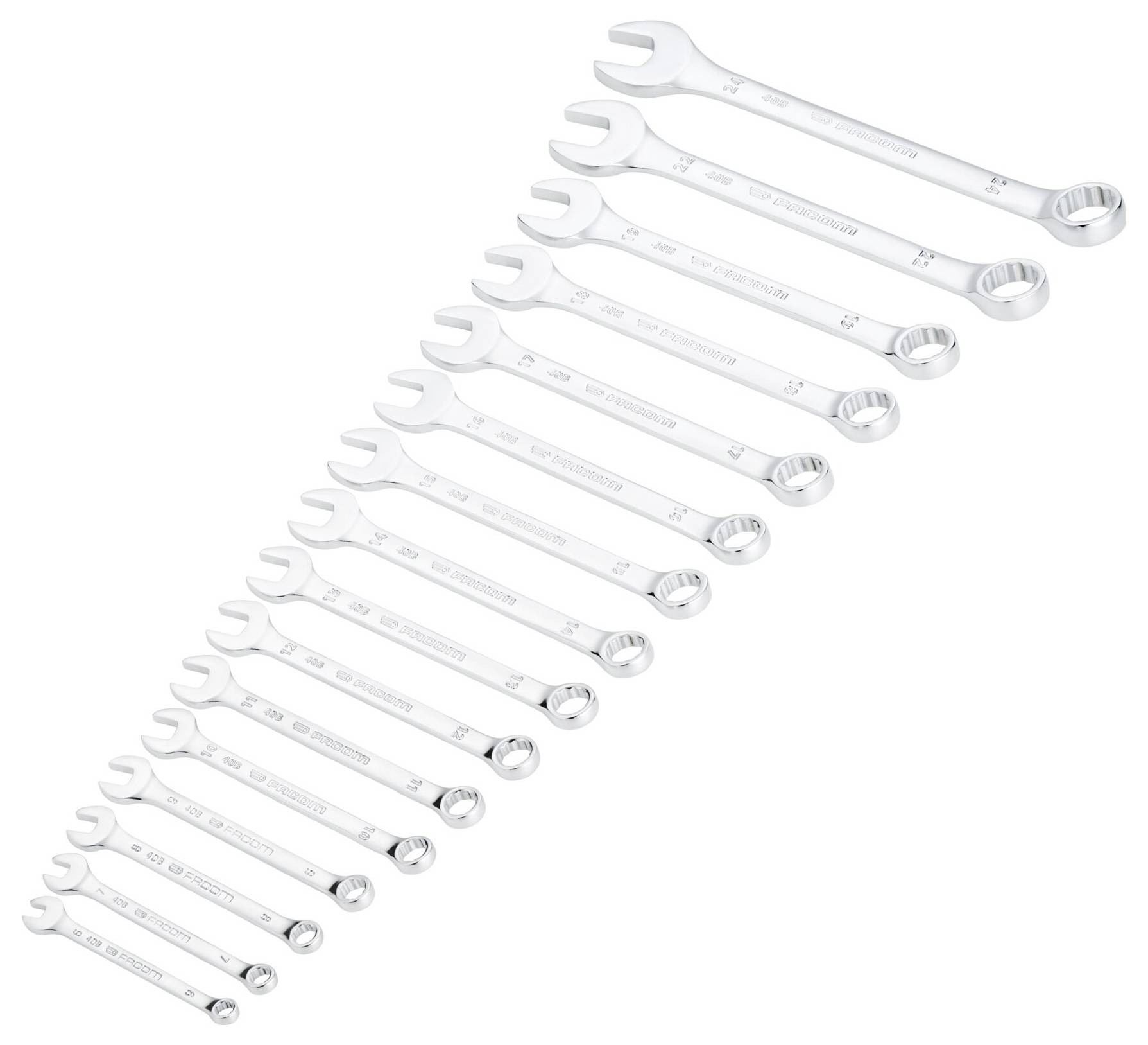 Un ensemble de seize clés anglaises en argent arrangées dans un ordre croissant de taille, du petit au grand, sur un fond blanc.