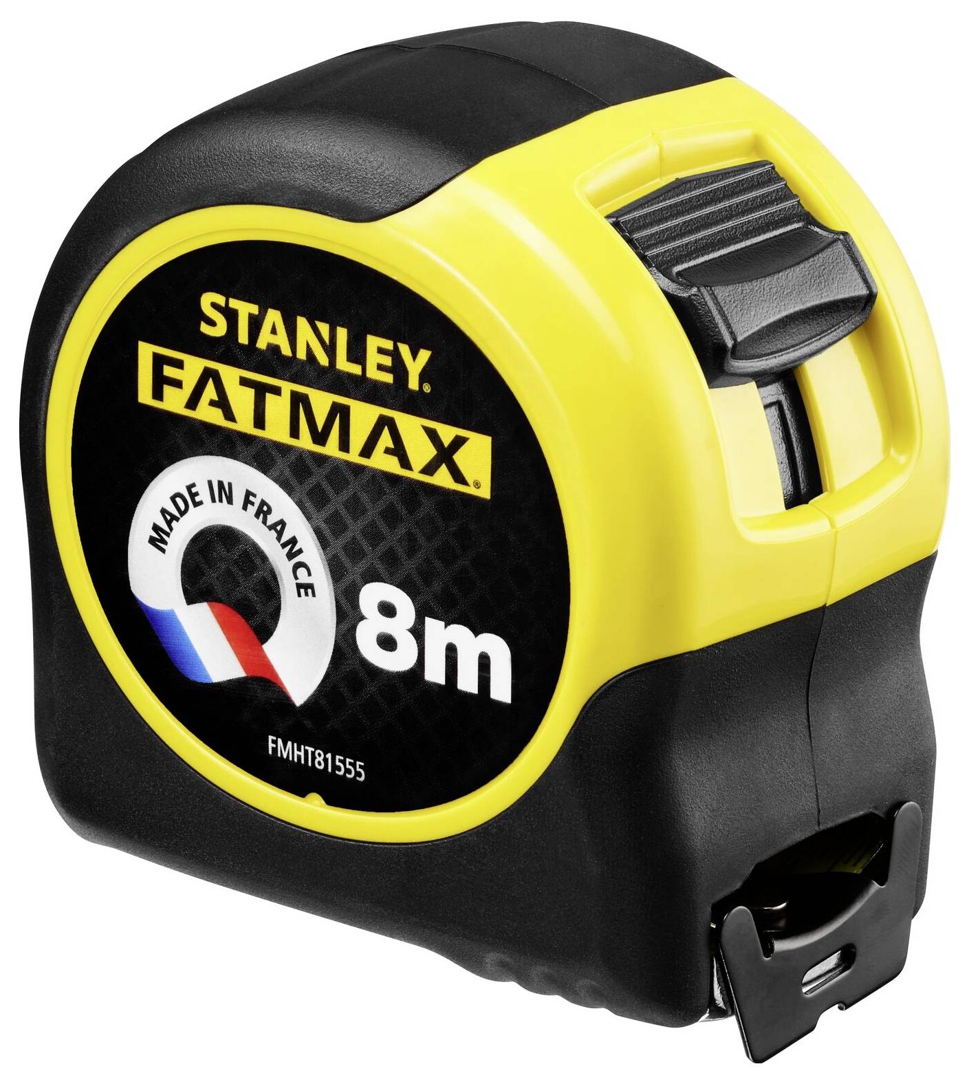 Ruban à mesurer Stanley Fatmax, longueur de 8m, marqué « Fabriqué en France », avec un boîtier jaune et noir robuste pour la durabilité et la prise en main.