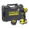 Ensemble de perceuse sans fil présentant une perceuse jaune et noire, une batterie et un étui de transport noir avec la marque « Stanley FatMax ».