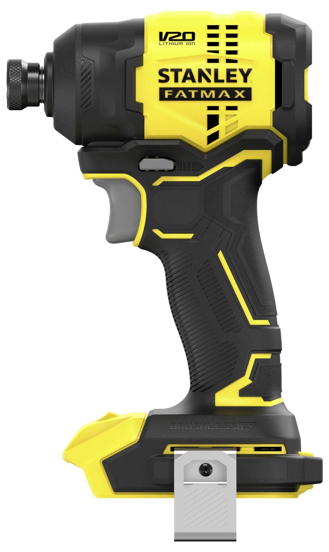'Perceuse-visseuse à choc STANLEY FatMax V20 en jaune et noir, dotée de la technologie lithium-ion pour une efficacité et une durabilité améliorées.'