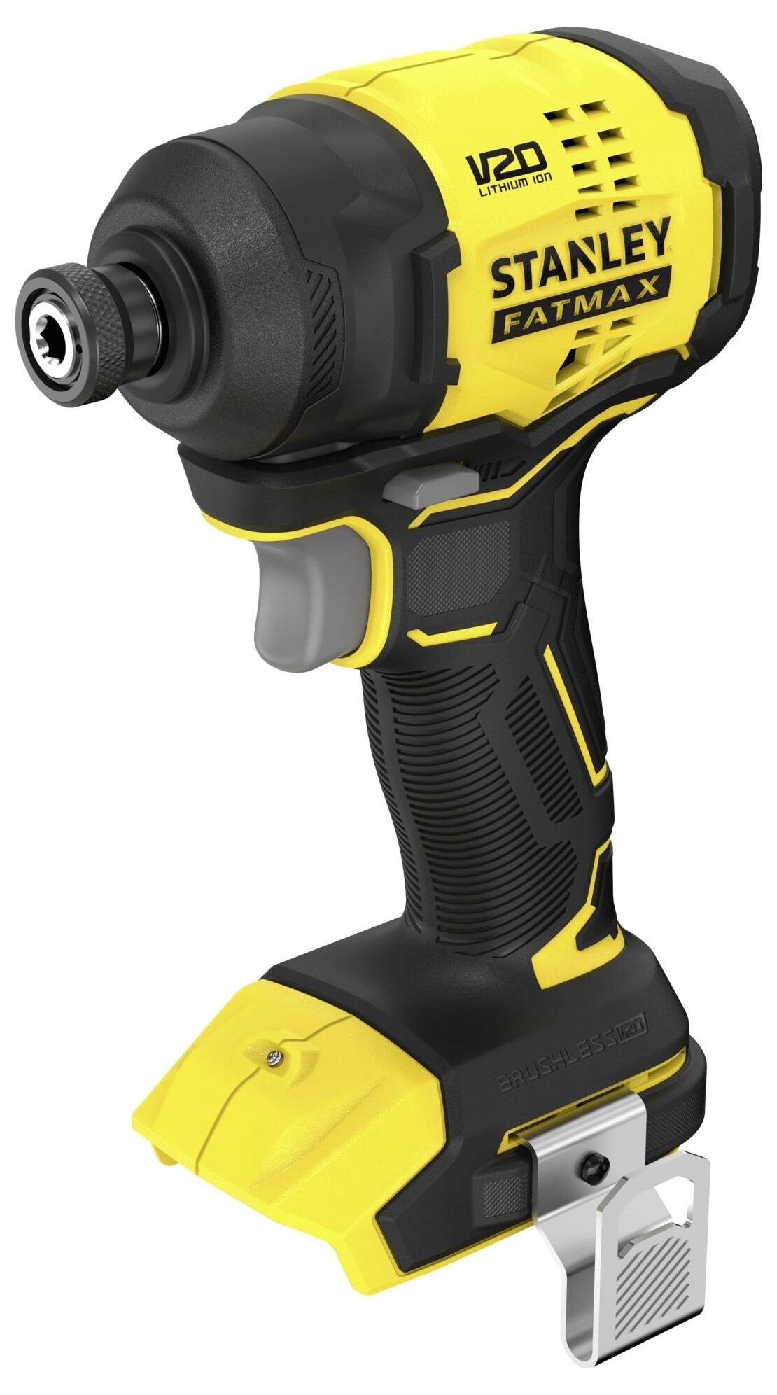 Un tournevis à percussion sans fil Stanley Fatmax V20 jaune et noir, équipé d'une pince de ceinture métallique, conçu pour des tâches de vissage efficaces.