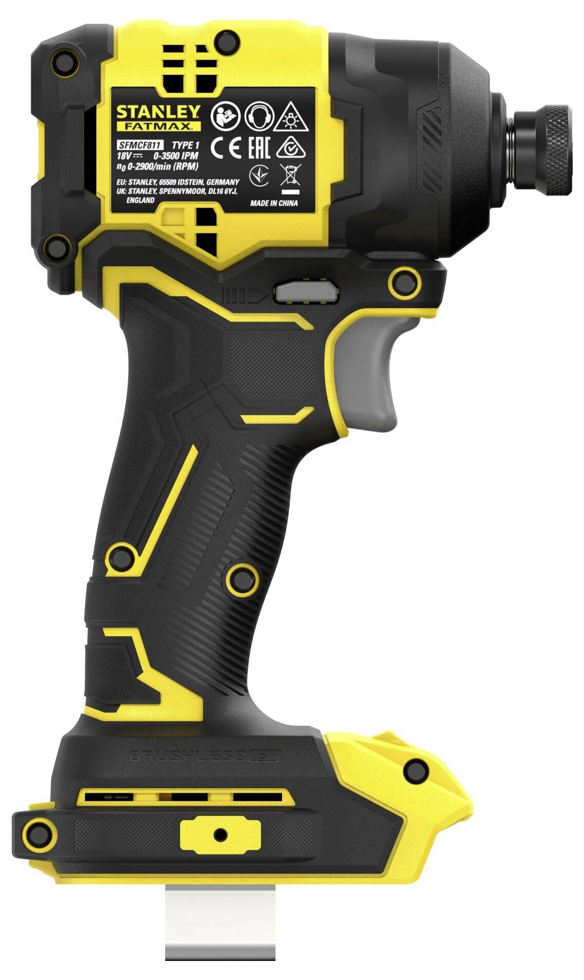 Un tournevis à choc sans fil de couleur jaune et noir avec une poignée ergonomique, présentant les étiquettes de marque et de sécurité, conçu pour les applications de fixation.