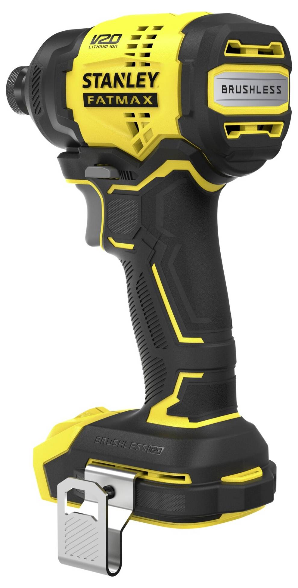 Tournevis à percussion sans balais Stanley Fatmax V20 en noir et jaune, avec poignée ergonomique et attache de ceinture, conçu pour une utilisation comme outil électroportatif.