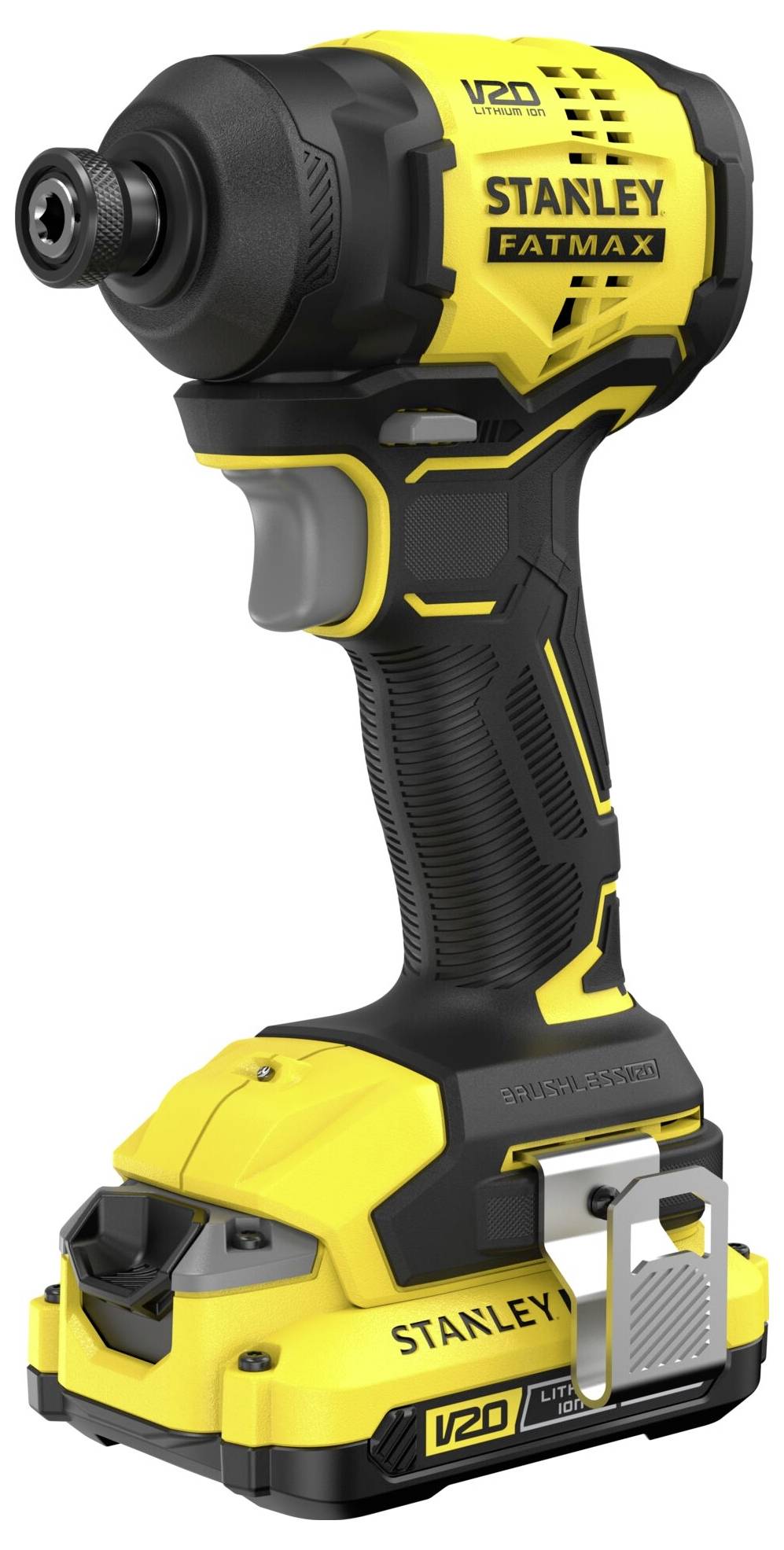Un tournevis à percussion sans fil Stanley Fatmax V20 jaune et noir avec poignée ergonomique et batterie lithium-ion, utilisé pour enfoncer les vis et les boulons.