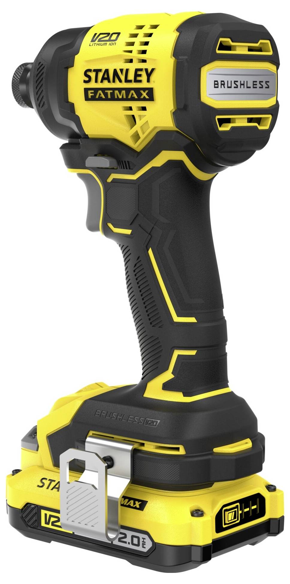 « Gros plan des mains portant des gants tenant une perceuse, insérant une mèche de perceuse. La perceuse est une Stanley Fatmax V20 Lithium Ion jaune. »