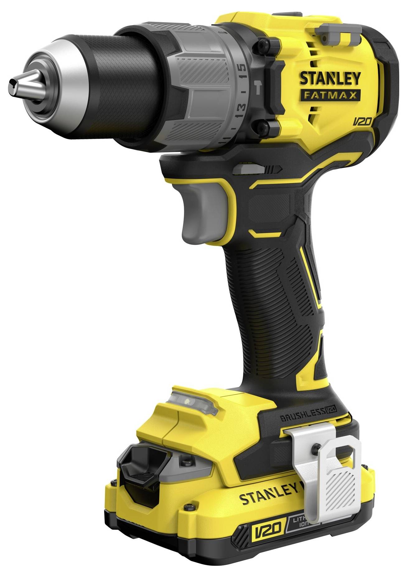 Une main saisit un outil électrique jaune et noir, avec un accent sur le pouce appuyant sur un bouton. L'outil semble être une perceuse.
