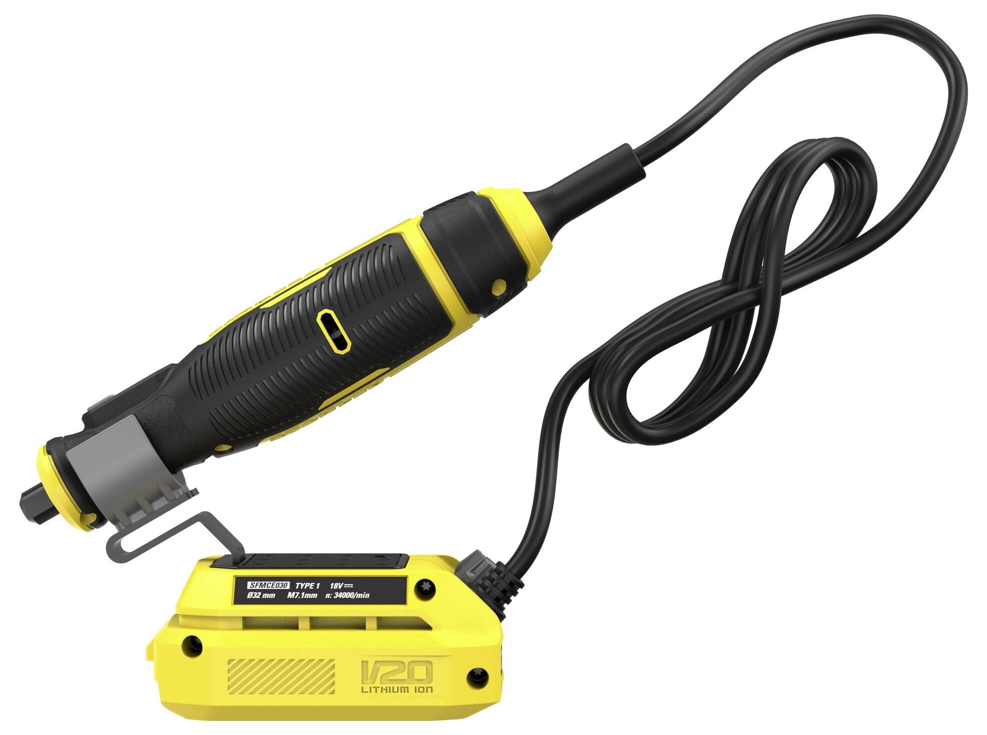 'Outil électrique avec un design noir et jaune, attaché à un bloc de batterie lithium-ion, avec le câble enroulé à côté.'