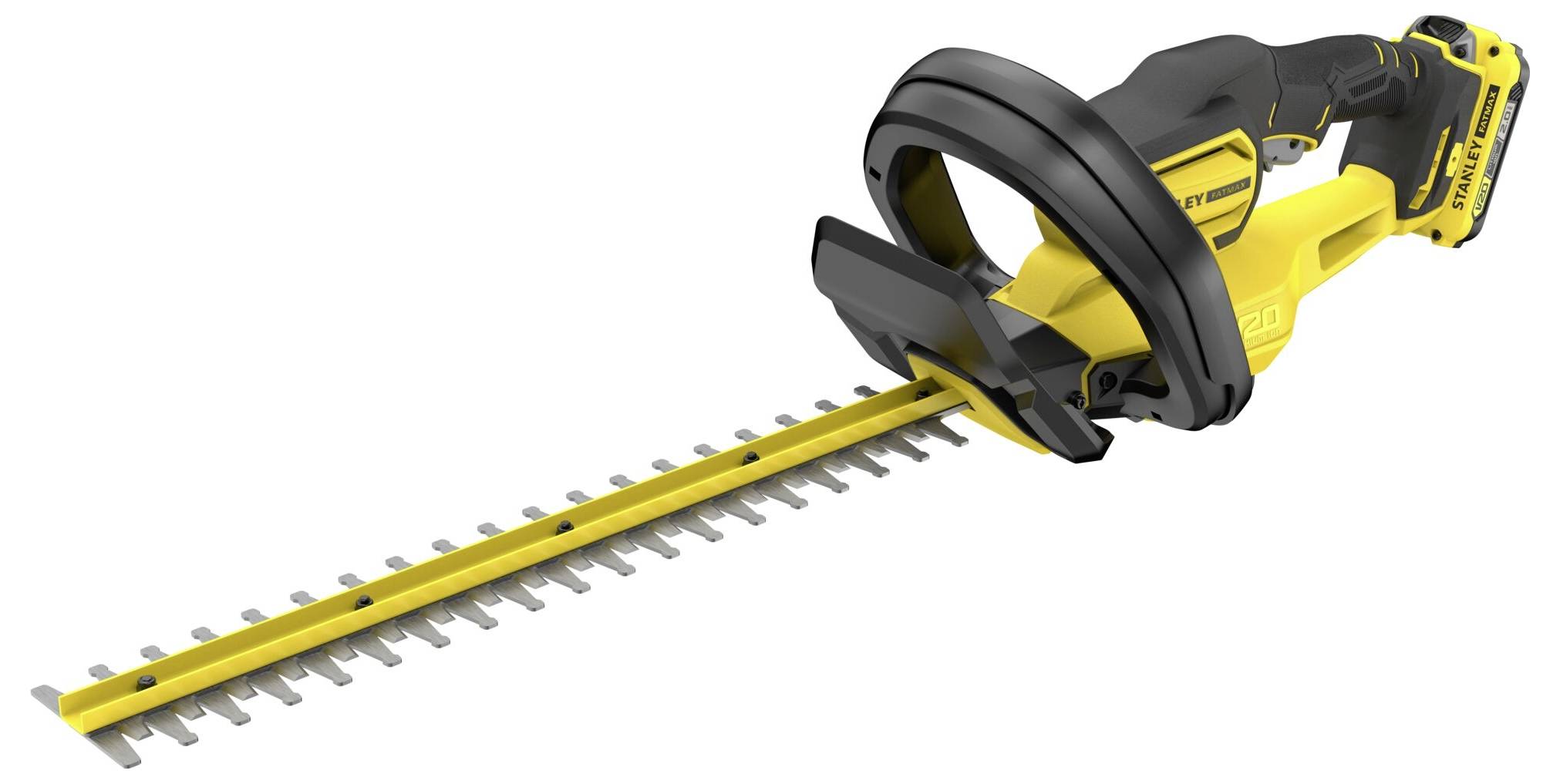 Un taille-haie sans fil jaune et noir avec une longue lame et une poignée ergonomique, conçu pour tailler les buissons et les haies.