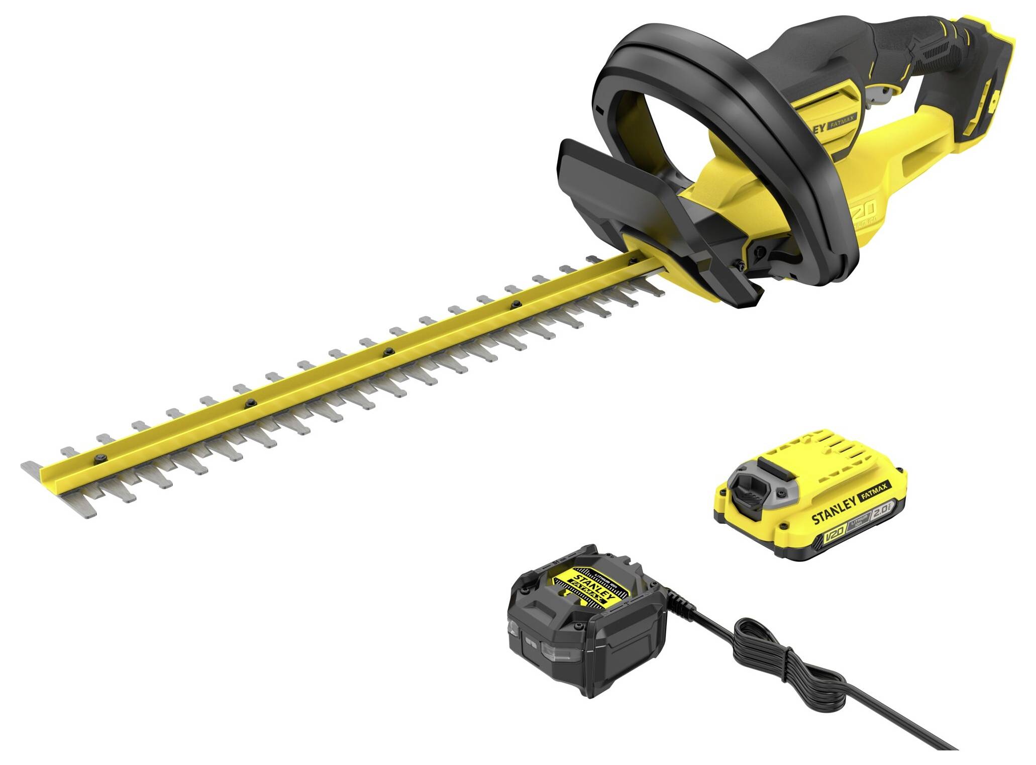 Un taille-haie électrique noir et jaune avec une longue lame, présenté avec une batterie détachable et un chargeur sur un fond blanc.
