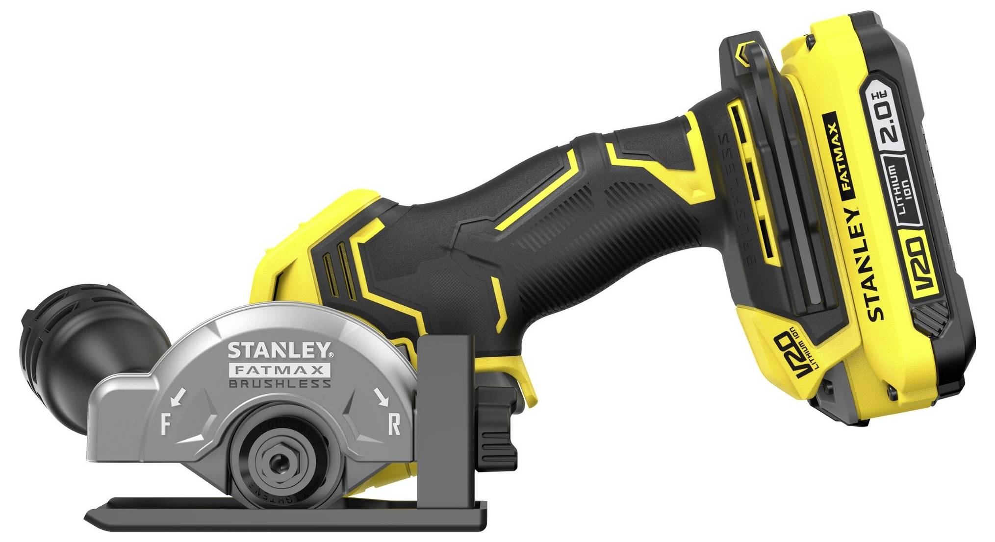 Une scie circulaire STANLEY FATMAX V20 Li-Ion sans balais jaune et noire avec une lame de scie circulaire, présentée dans une vue latérale.