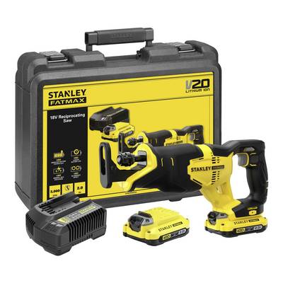 Ensemble d'outils Stanley comprenant une scie réciproquante 18V, deux batteries, un chargeur et un étui de transport, tous dans une conception noir et jaune.