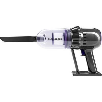 Aspirateur à main avec réservoir à poussière transparent et accessoire de buse longue, marque « CLEANmaxx », sur un fond blanc.