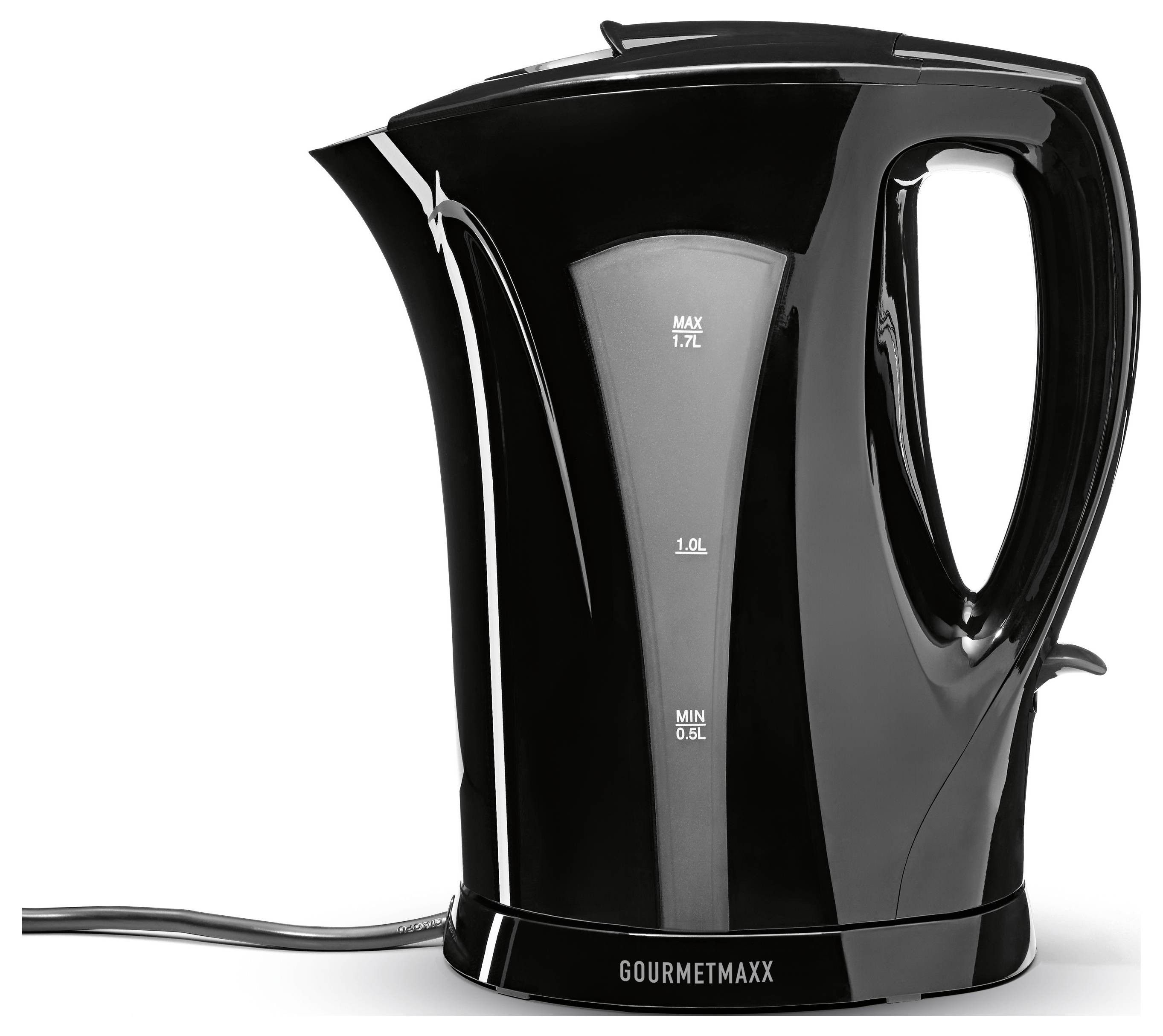 Bouilloire électrique, noire, avec des marqueurs de mesure pour max 1,7L, 1,0L et min 0,5L visibles sur le côté.