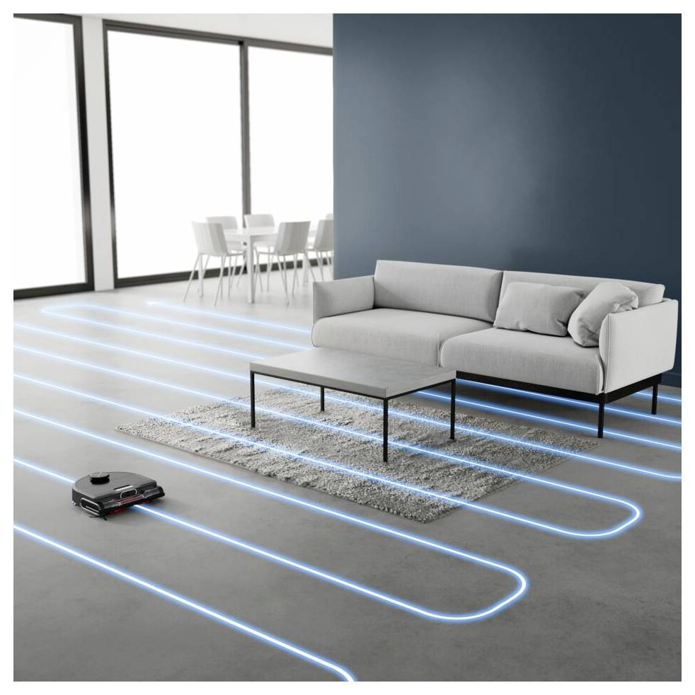 Un aspirateur robotisé navigue dans un salon moderne, avec des lignes de capteurs bleues montrant son chemin sur un sol lisse, près d'un canapé gris et d'une table.